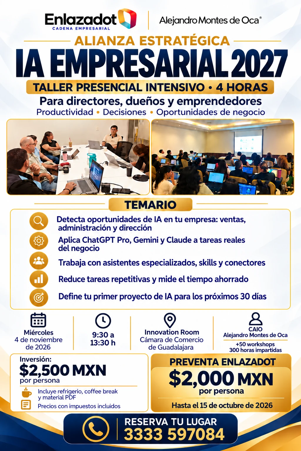 Cartel del taller presencial IA Empresarial 2027 con programa, fecha, sede y precios
